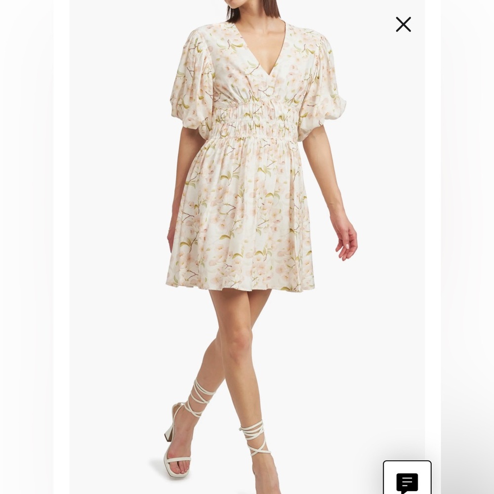 NWT En Saison Callie Floral Print Mini dress in size XS white green puff sleeve
